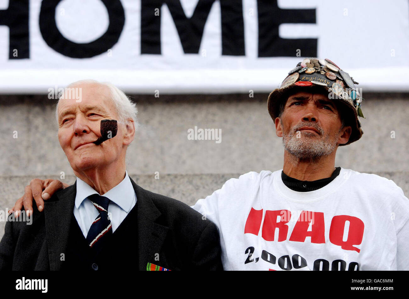 From left: Tony Benn and Brian Haw at an anti-war protest in Trafalgar Square, central London. Stock Photo