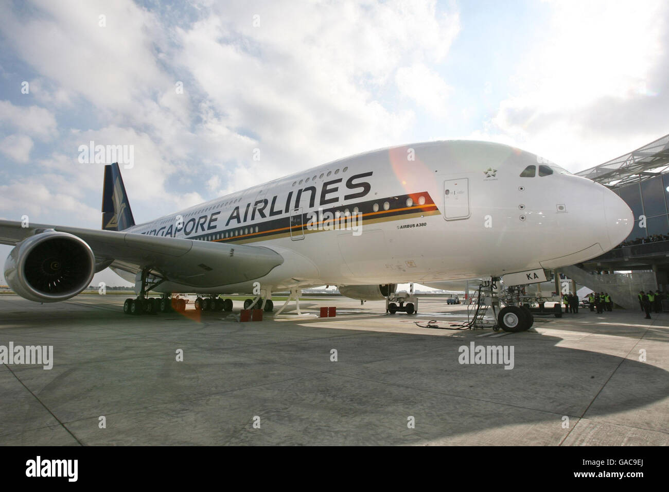 The delivery of the first Airbus A380, the world's largest passenger aircraft, to Singapore Airlines takes place during a ceremony at the Airbus delivery centre in Toulouse, southern France. Stock Photo