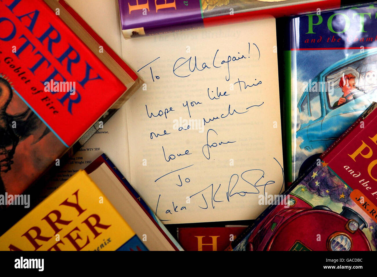 Signed first editions of J.K Rowling's Harry Potter and the Philosopher's Stone pictured in Christie's auction house, London. Stock Photo