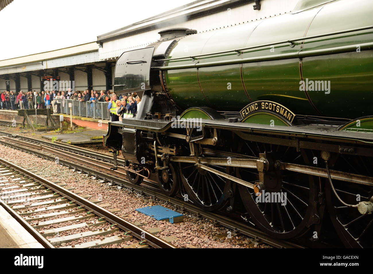 World famous steam locomotive "Flying Scotsman" surrounded by crowds at Salisbury station on 21st May 2016. Stock Photo