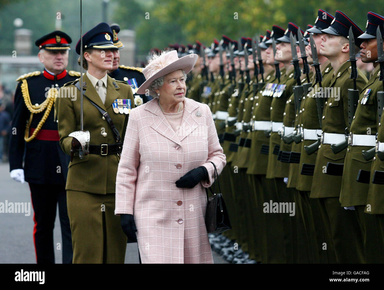 Britain's Queen Elizabeth II inspects the guard of honour during a visit to the Corps of Royal Engineers at Brompton Barracks, Chatham, Kent. Stock Photo