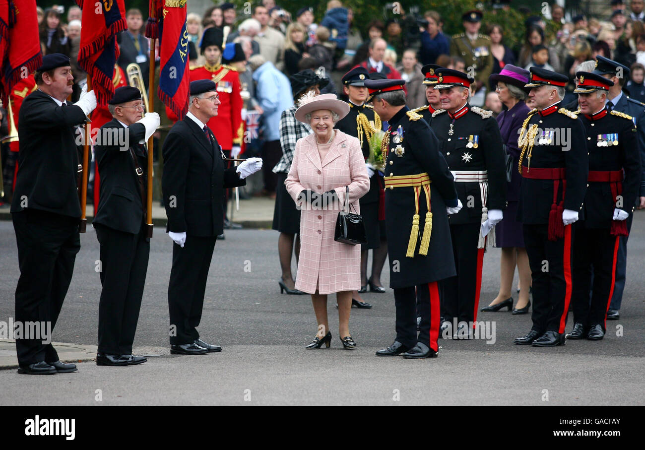 Britain's Queen Elizabeth II prepares to meet members of the Royal Engineers Association (left) during a visit to the Corps of Royal Engineers at Brompton Barracks, Chatham, Kent. Stock Photo