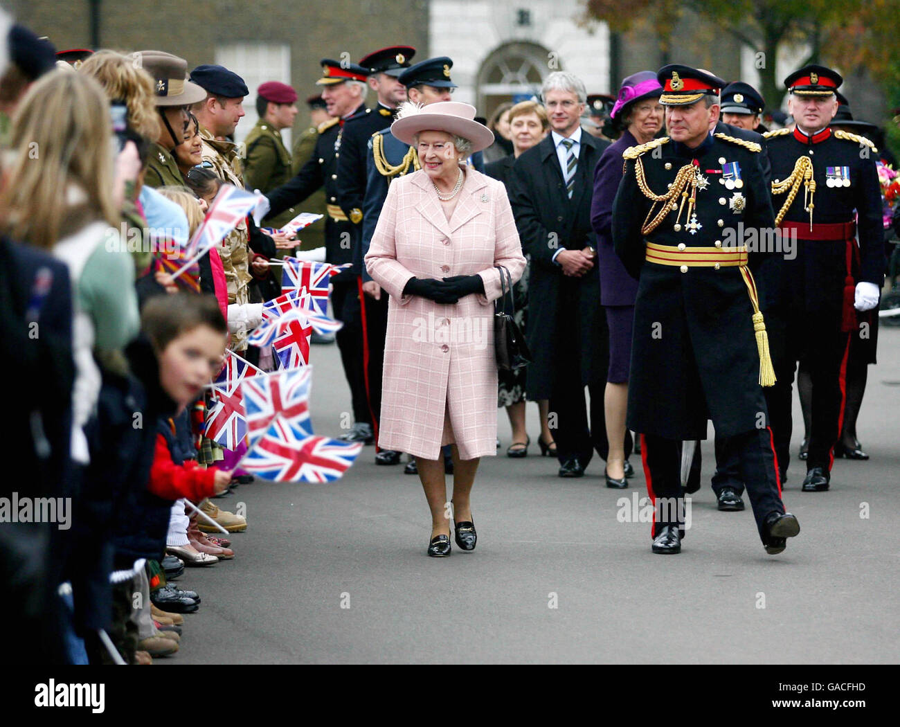 Britain's Queen Elizabeth II during a walkabout with soldiers families after a visit to the Corps of Royal Engineers at Brompton Barracks, Chatham, Kent. Stock Photo