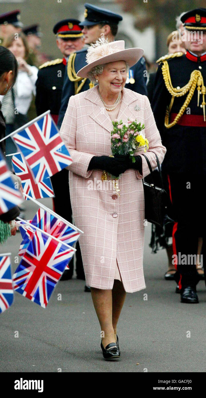 Britain's Queen Elizabeth II during a walkabout with soldiers families after a visit to the Corps of Royal Engineers at Brompton Barracks, Chatham, Kent. Stock Photo