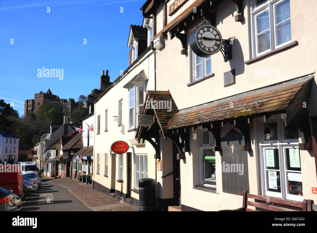 High Street, Dunster, Somerset. View towards the Castle Stock Photo Alamy