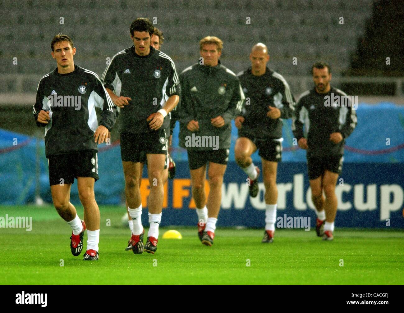 Miroslav Klose of Germany (left) training prior to the World Cup Final in Japan Stock Photo