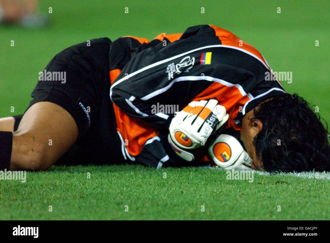 Soccer - FIFA World Cup 2002 - Group G - Ecuador v Croatia. Ecuador's goalkeeper Jose Cevallos lies in agony after a late challenge Stock Photo