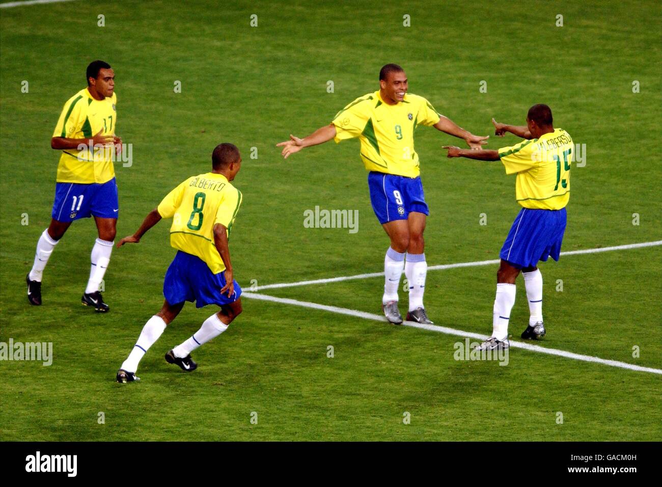 Soccer - FIFA World Cup 2002 -Brazil v Belgium - Second Round. Brazil celebrate their second goal scored by Ronaldo Stock Photo