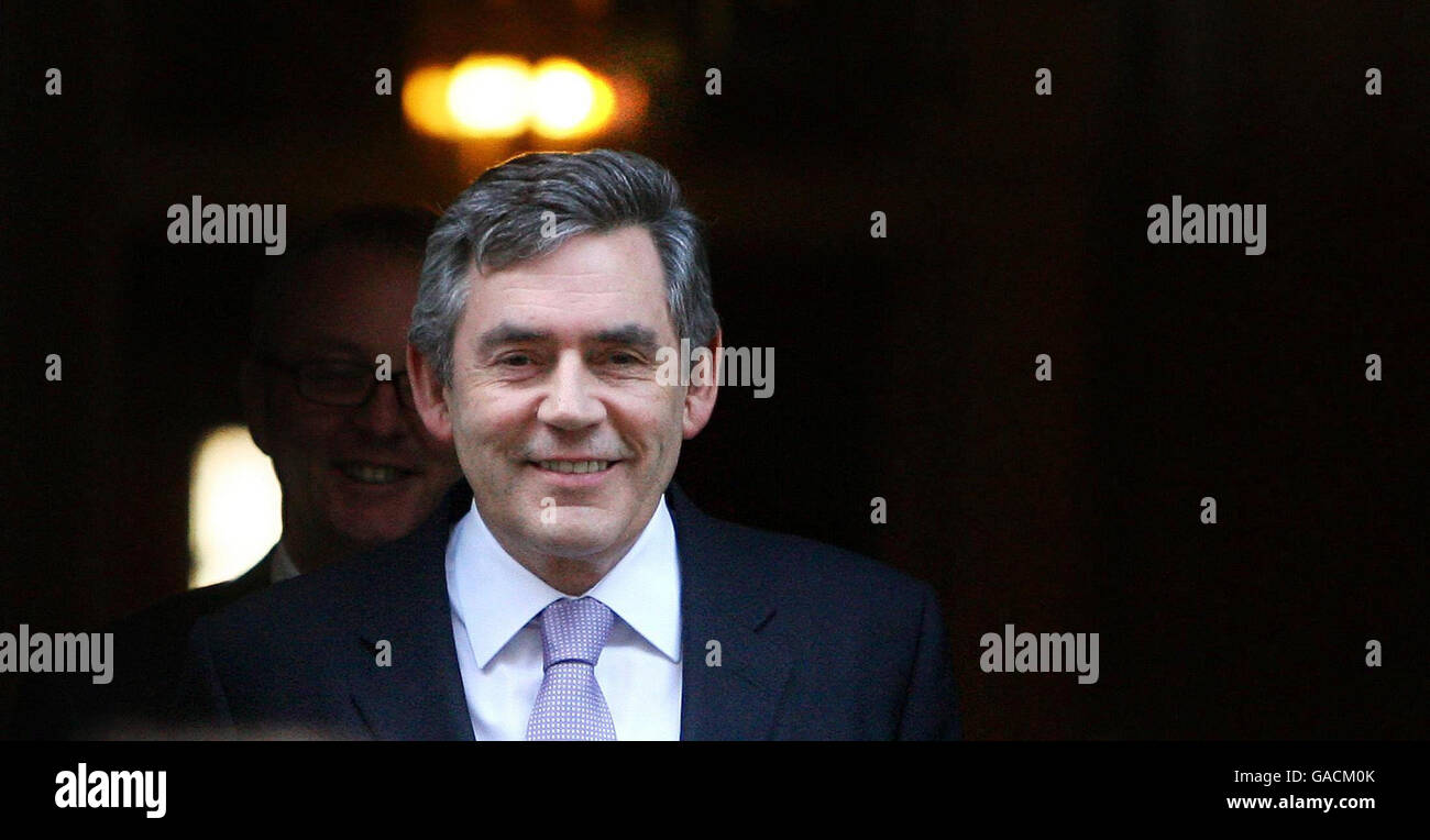 Prime Minister Gordon Brown leaves no. 10 Downing Street for Prime Minister's Questions at the House of Commons, London. Stock Photo