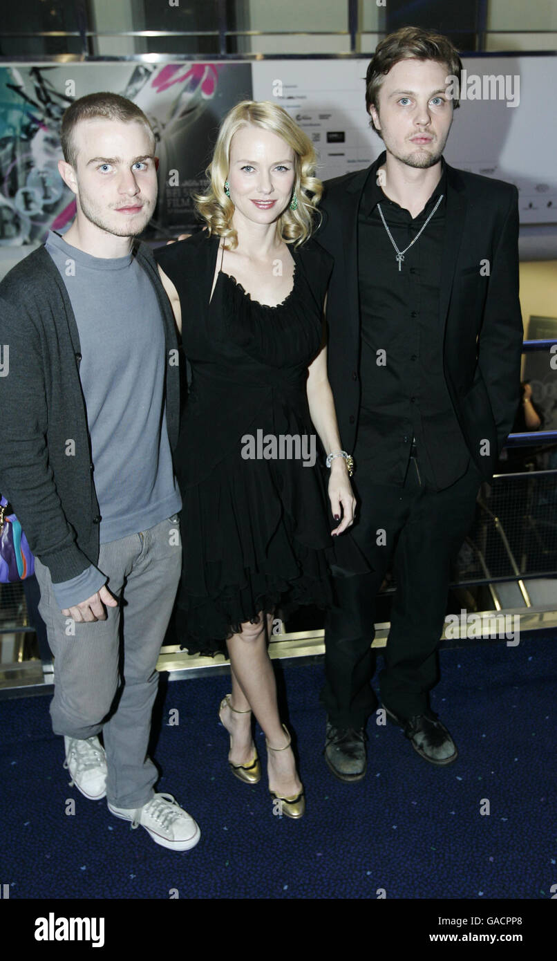 (From left to right) Brady Corbet, Naomi Watts and Michael Pitt arrive for the London Film Festival premiere of Funny Games, at the Odeon West End in Leicester Square, central London. Stock Photo