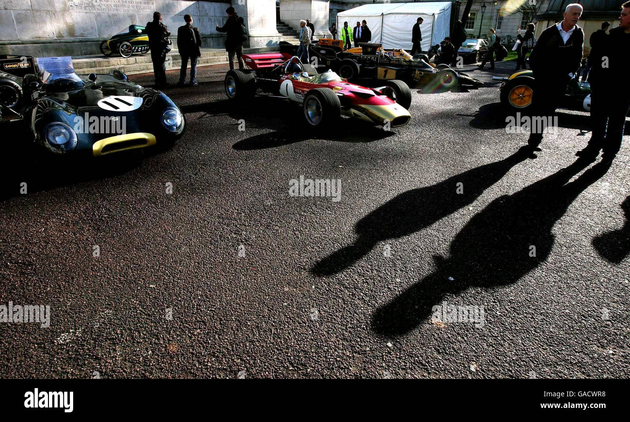 Lotus cars on display at University College London. The cars are being