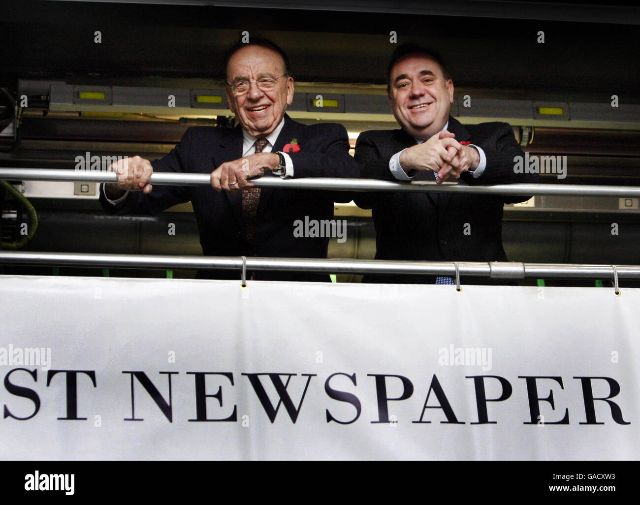 Media tycoon Rupert Murdoch (left) and Scotland's First Minister Alex Salmond during the opening of News International's Eurocentral printing plant in Motherwell, Scotland. Stock Photo