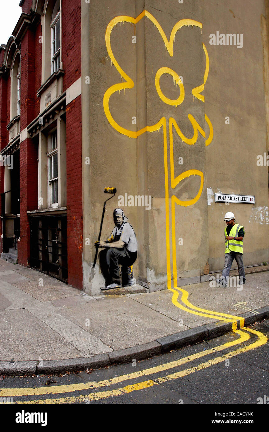 General view of an alleged Banksy artwork in Bethnal Green, east London. Stock Photo