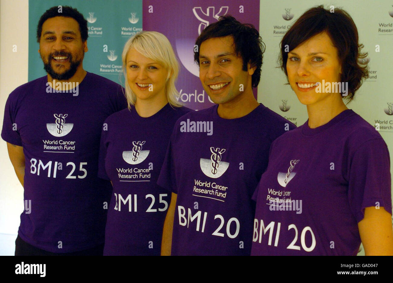 From left to right, models Rick, Hatty, Nadeem and Gyte sport t-shirts  showing their body mass index numbers at the launch of the World Cancer  Research Fund report on links between cancer
