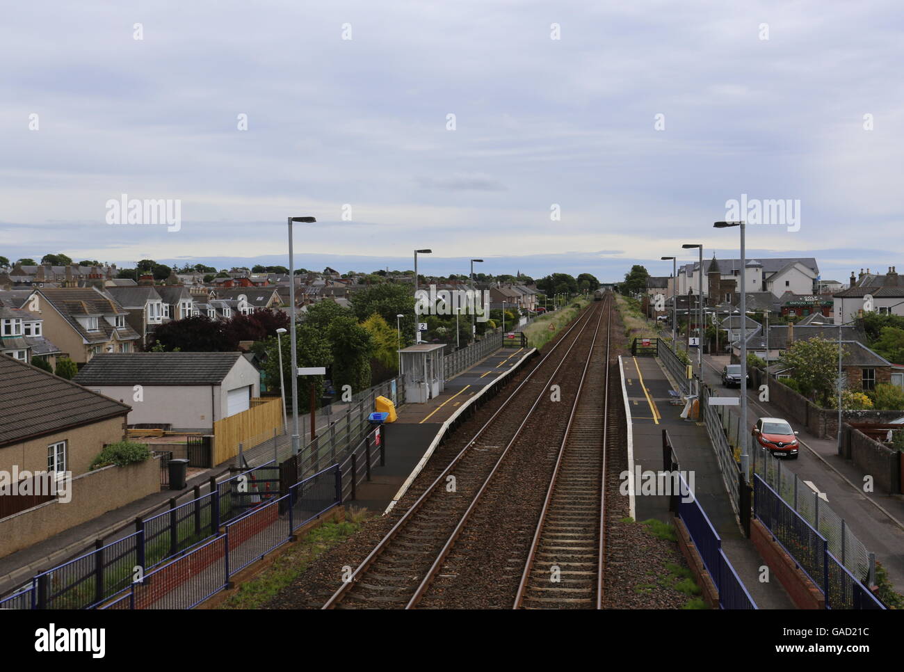 Elevated view of Golf Street Railway station Carnoustie Angus Scotland