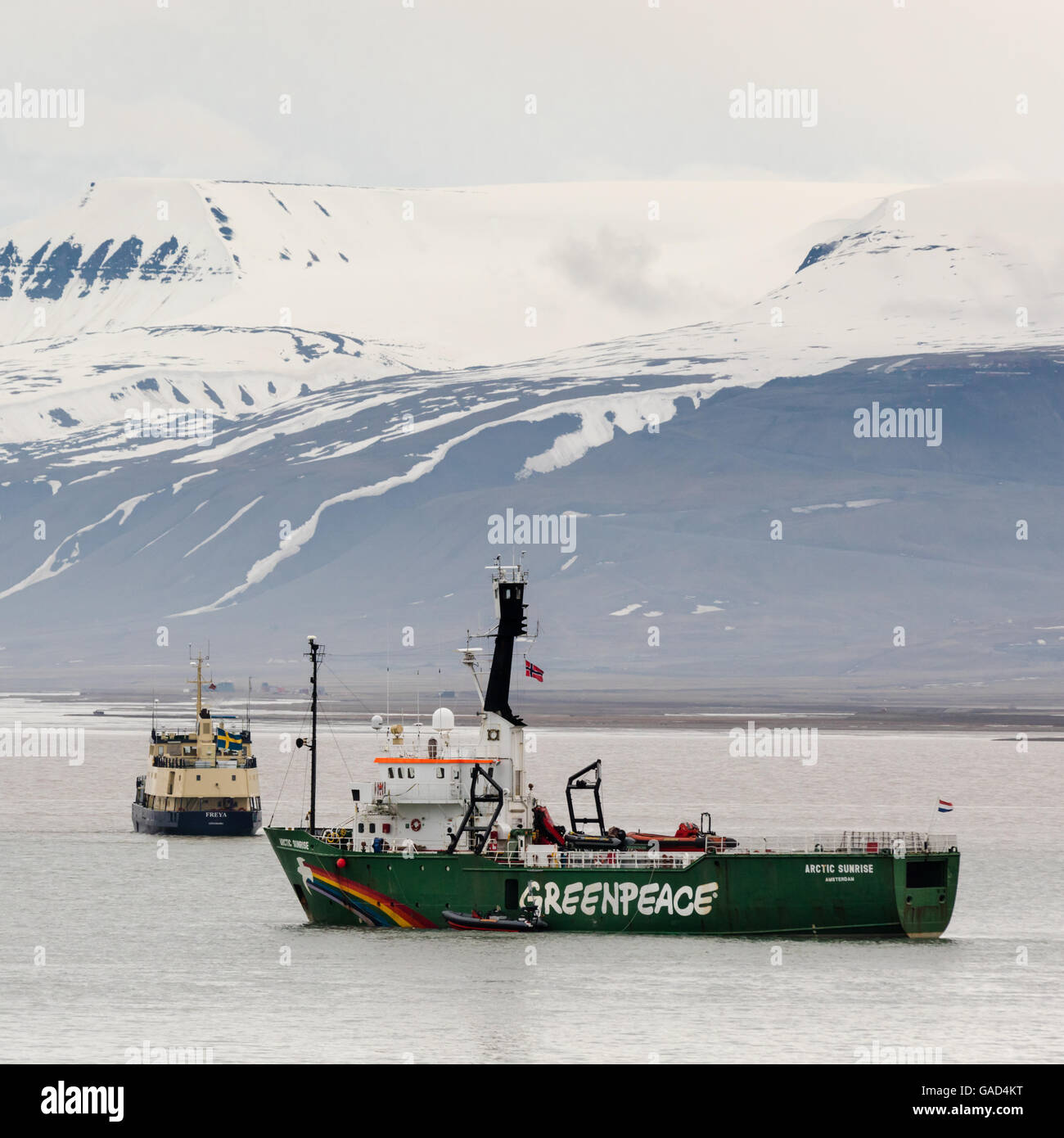 Greenpeace Arctic Sunrise ship anchored in Adventfjorden opposite Longyearbyen on Spitsbergen island in the Norwegian Arctic Stock Photo