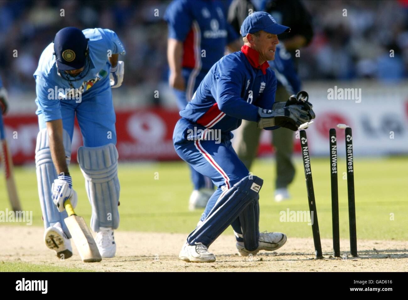 Cricket - Natwest Series - England v India. England's Alec Stewart takes off the bails Stock Photo