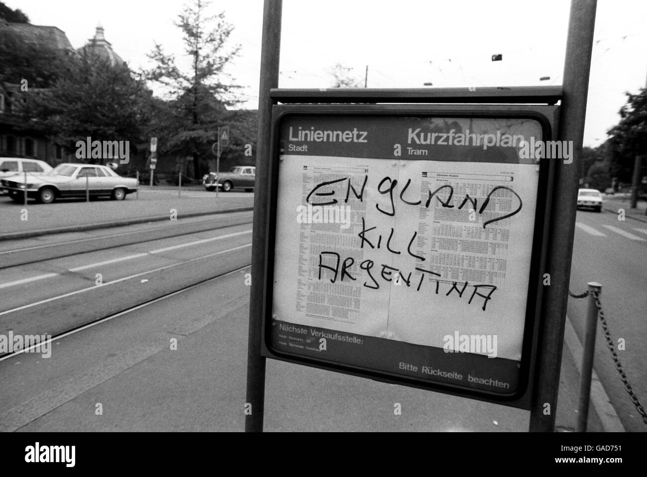 Falklands War-inspired graffiti on a public transport information sign near FIFA Headquarters in Zurich, Switzerland Stock Photo