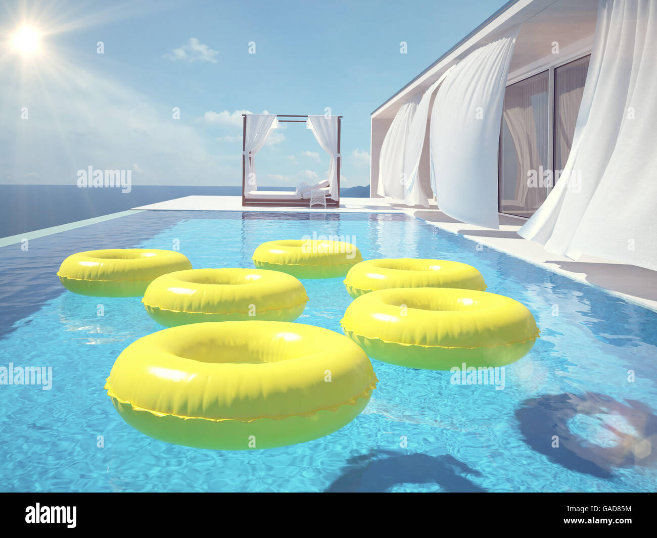 luxury swimming pool with swimmrings. 3d rendering Stock Photo
