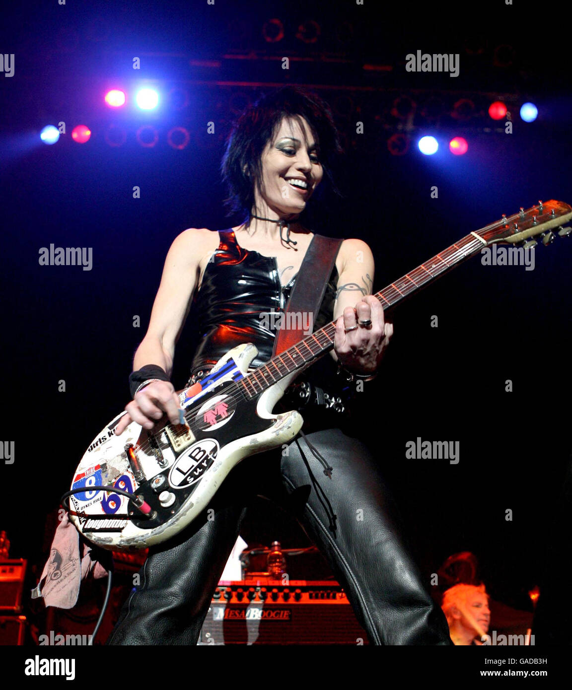 Alice Cooper in concert at Wembley Arena - London. Joan Jett of Joan Jett and the Blackhearts opens for Alice Cooper at Wembley Arena in London. Stock Photo