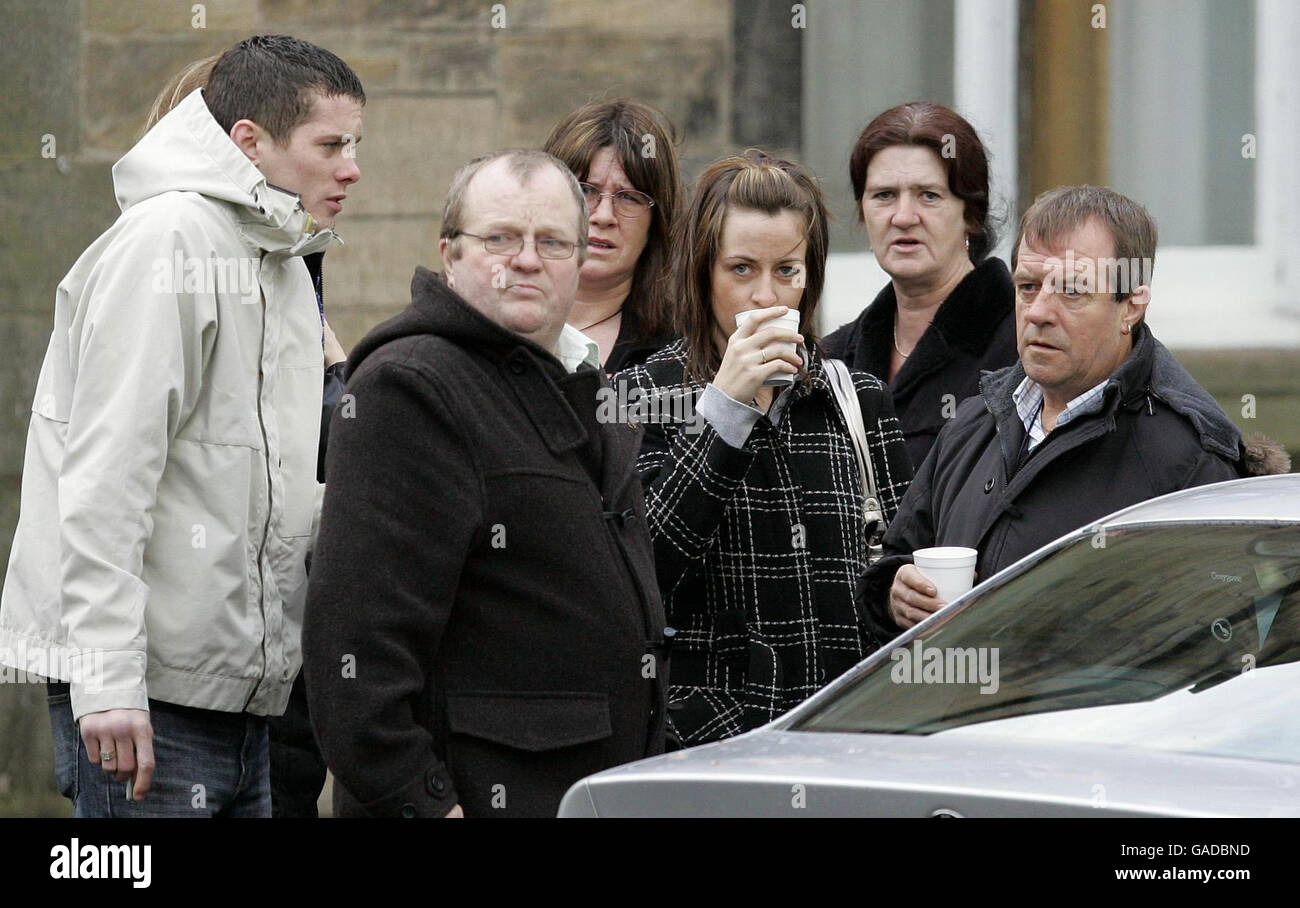 Michael Hamilton, father of Vicky Hamilton, and family wait outside Linlithgow Sherriff Court for the arrival of Peter Tobin. Peter Tobin is due to make a second appearance in court today after being charged with the murdering schoolgirl Vicky. Stock Photo
