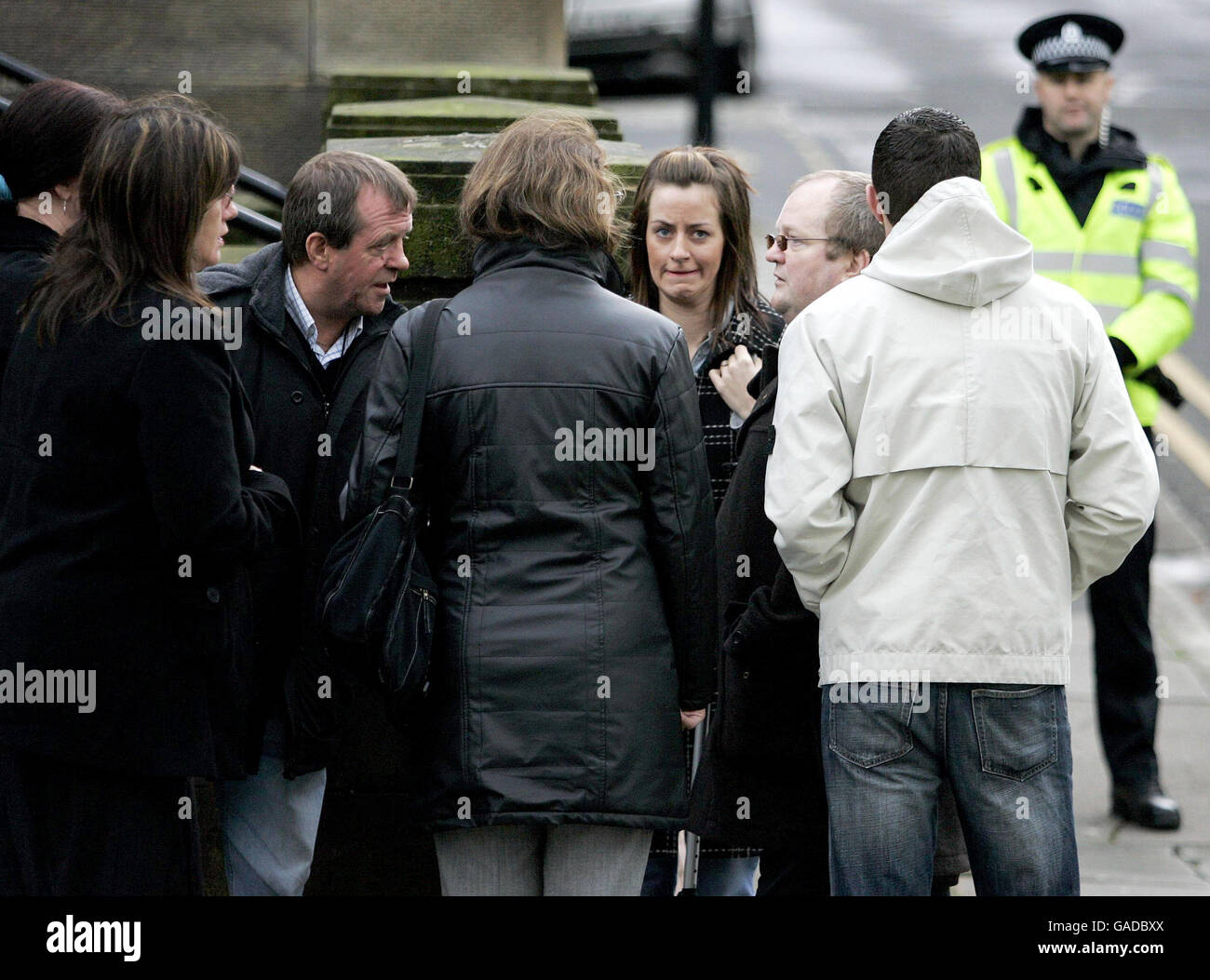 Michael Hamilton (third left) father of Vicky Hamilton with his family after speaking to the media outside Linlithgow Sherriff Court. Stock Photo