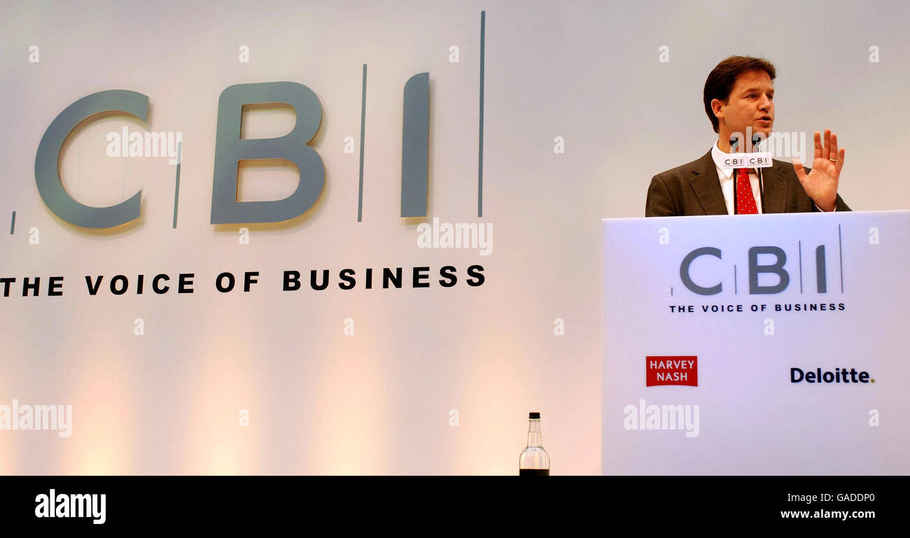 Nick Clegg MP one of the prospective Leaders of the Liberal Democratic Party, during his speech to the CBI (Confederation of British Industry), at the design centre in North London, this morning. Stock Photo