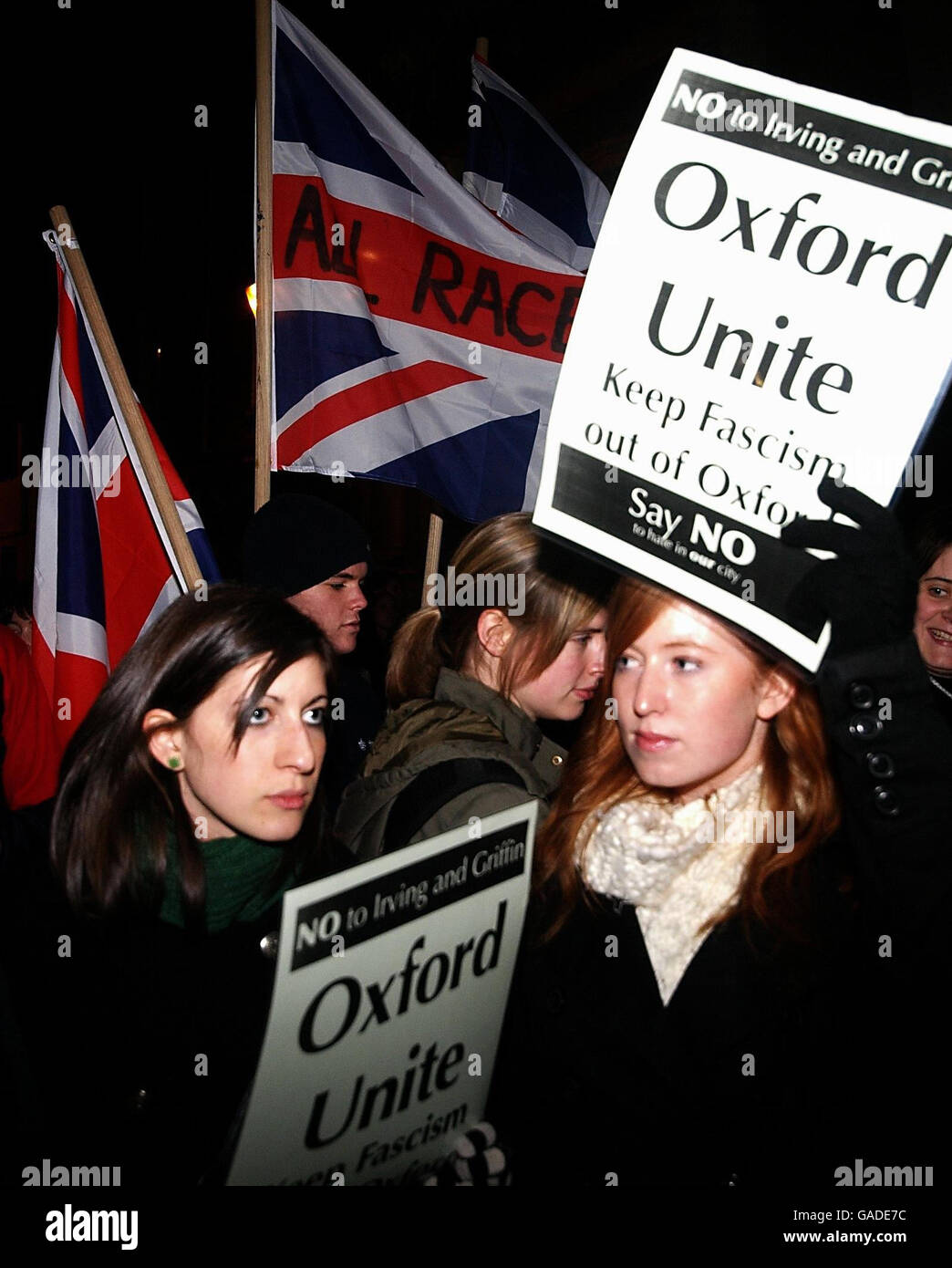 Protesters at the Oxford Union Debating Society, Oxford, where they oppose the presence of BNP leader Nick Griffin, and controversial historian David Irving, at a debate on freedom of speech. Stock Photo