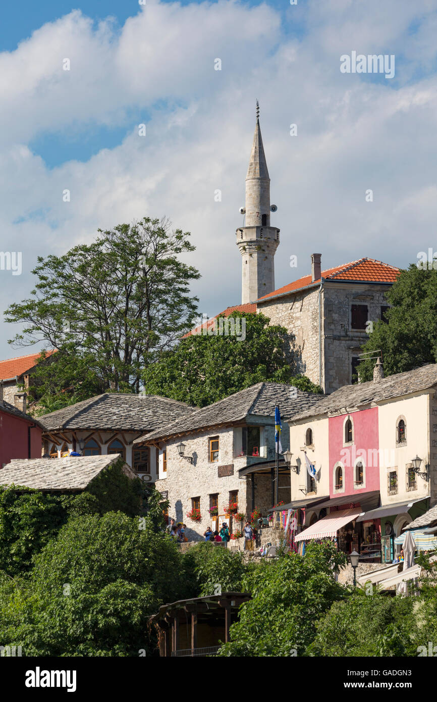 Mostar, Herzegovina-Neretva, Bosnia and Herzegovina.  Old town seen from the Stari Most, or Old Bridge. Stock Photo