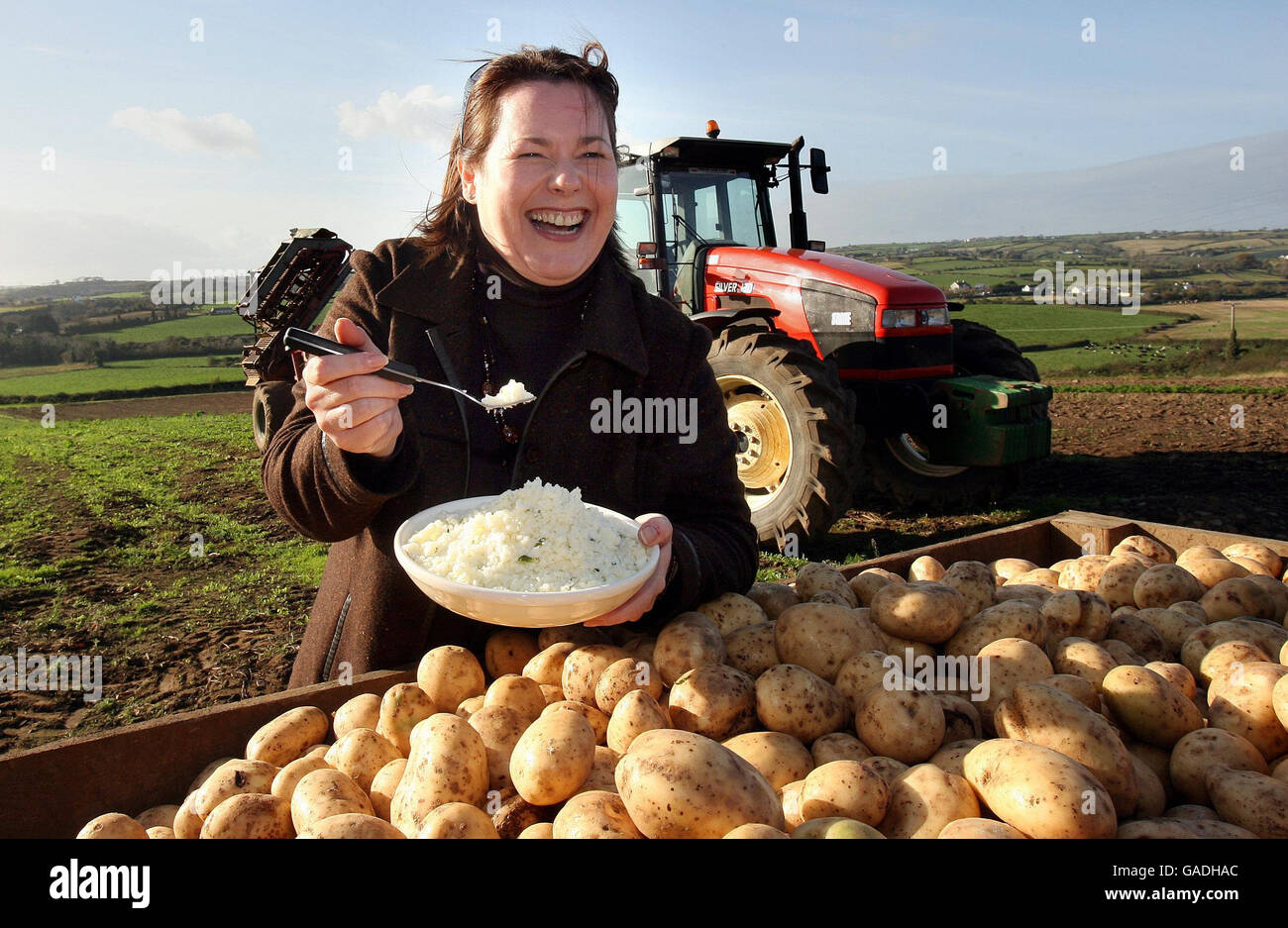 Agriculture and Rural Development Minister Michelle Gildernew MP MLA holds mashed potato during a visit to Mash Direct, a leading family-run agri-food business outside Comber, Co Down. Stock Photo