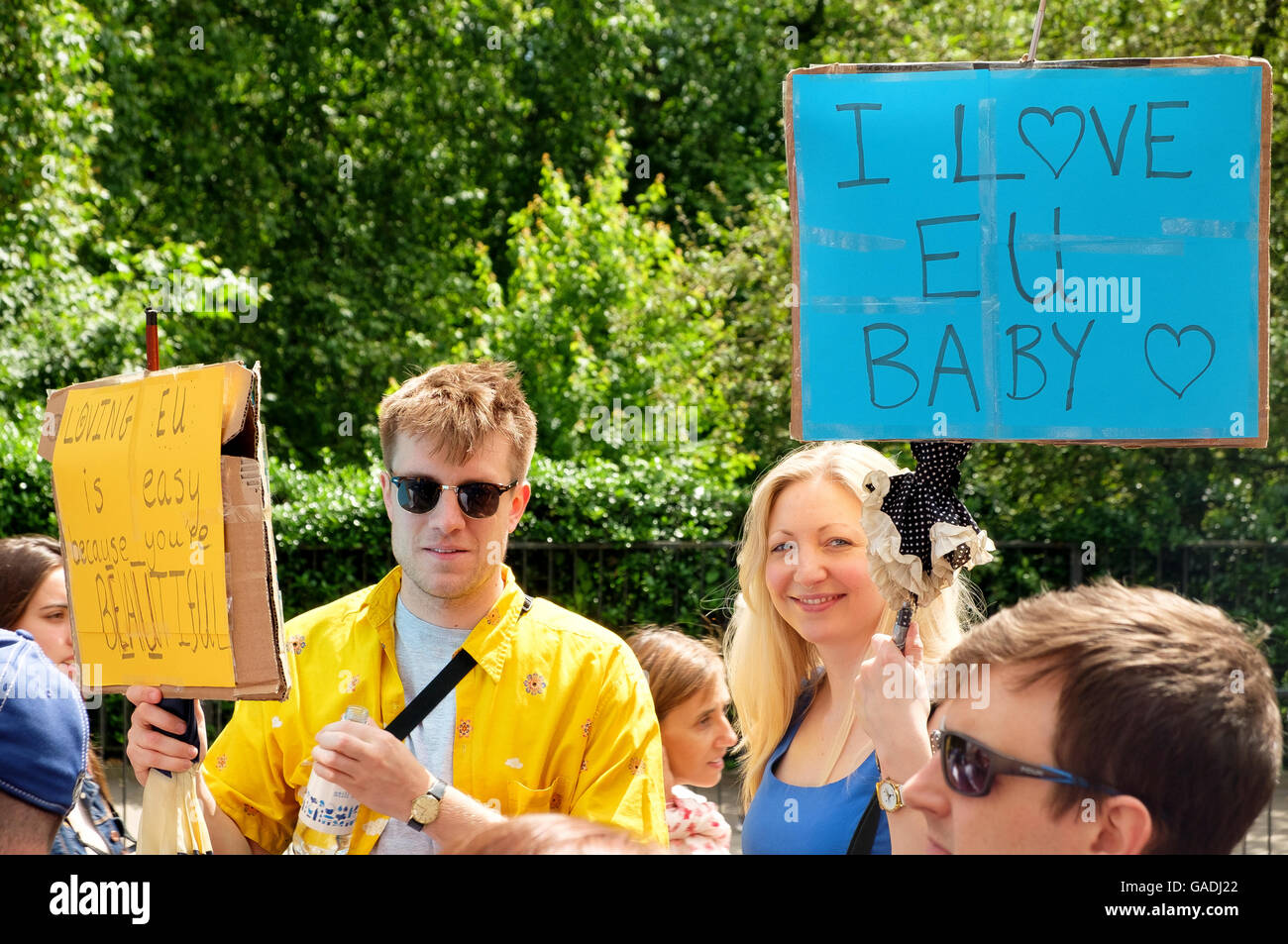 London, UK , 2 July 2016: Protesters on the March for Europe demonstration voicing their support for Parliament Stock Photo