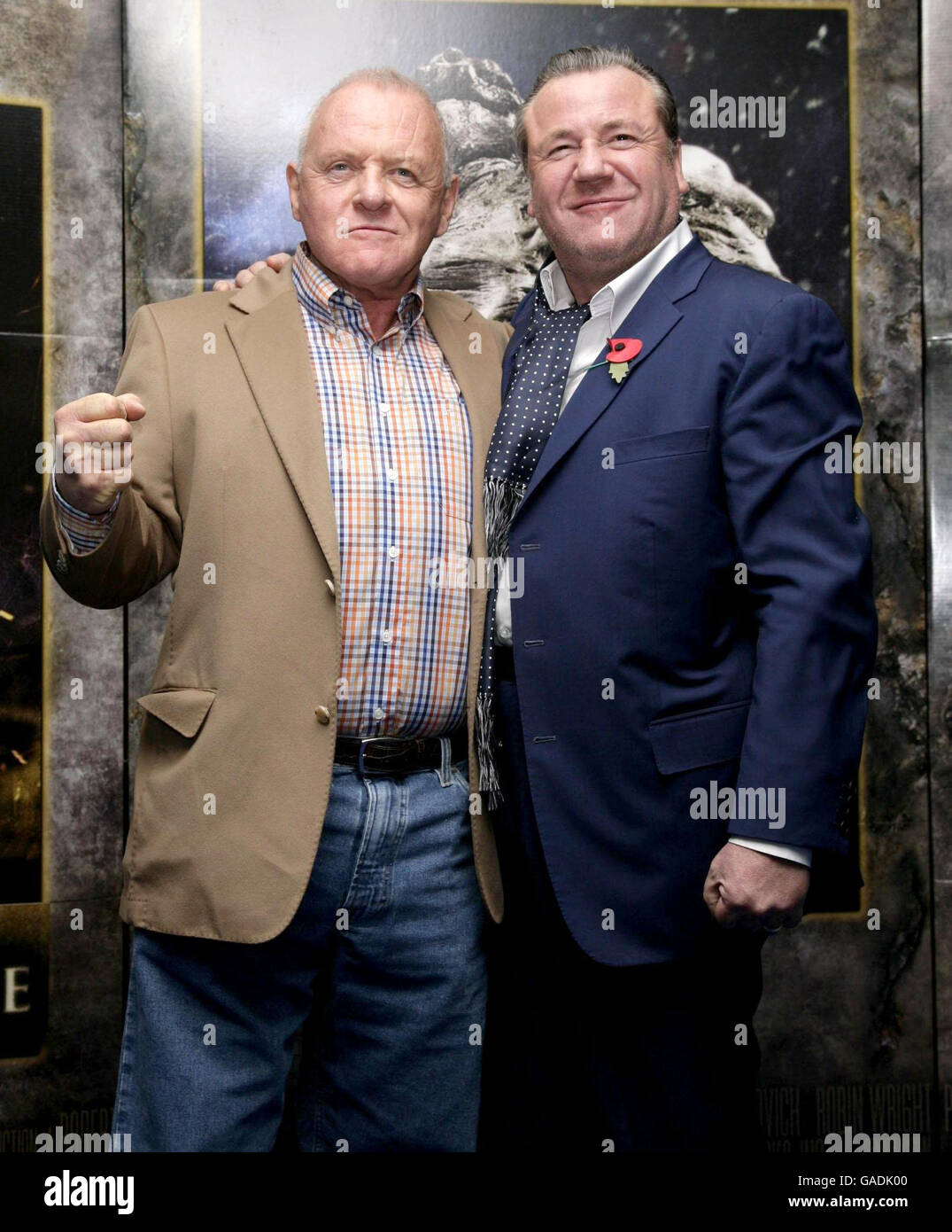 Stars of the film Sir Anthony Hopkins (Left) and Ray Winstone attend a  photocall to promote the film 'Beowulf' at the IMAX cinema on the South  Bank in London Stock Photo -