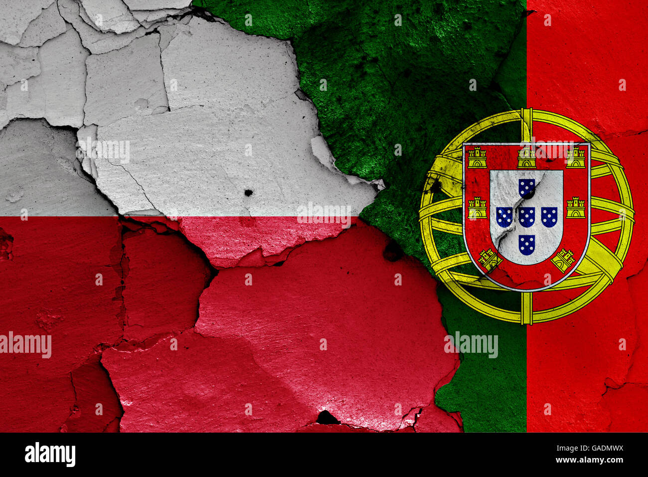 flags of Poland and Portugal painted on cracked wall Stock Photo - Alamy