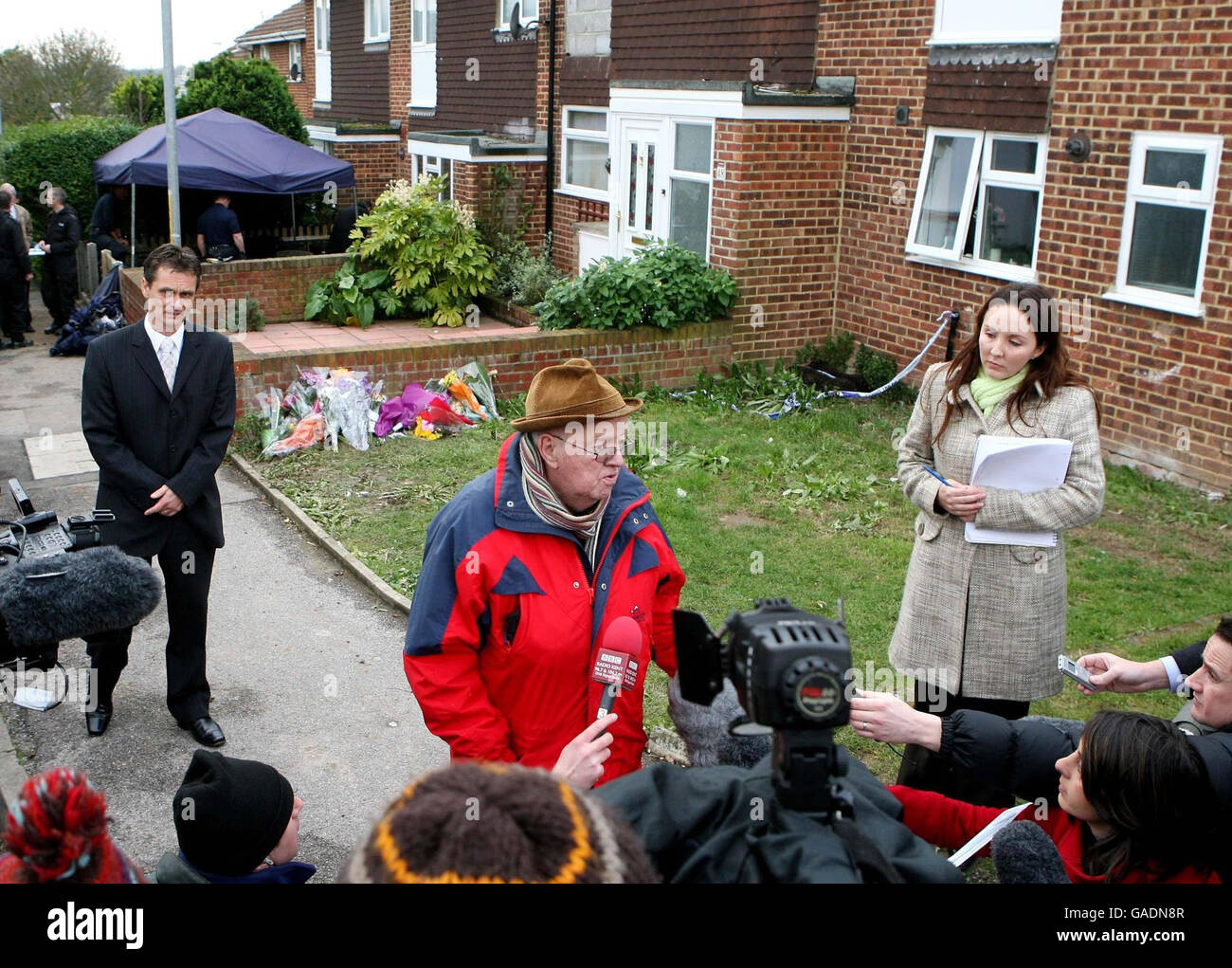 Ian McNicol, the father of missing student Dinah McNicol, talks to the media outside the Kent house where his daughter's remains are believed to have been hidden for 16 years. Stock Photo