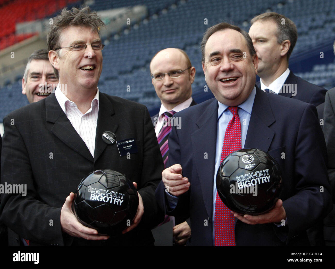 Honorary President of Football For All Tony Higgins (left) and First Minister Alex Salmond during the launch of the Government backed Kick Out Bigotry campaign at Hampden Park in Glasgow. Stock Photo