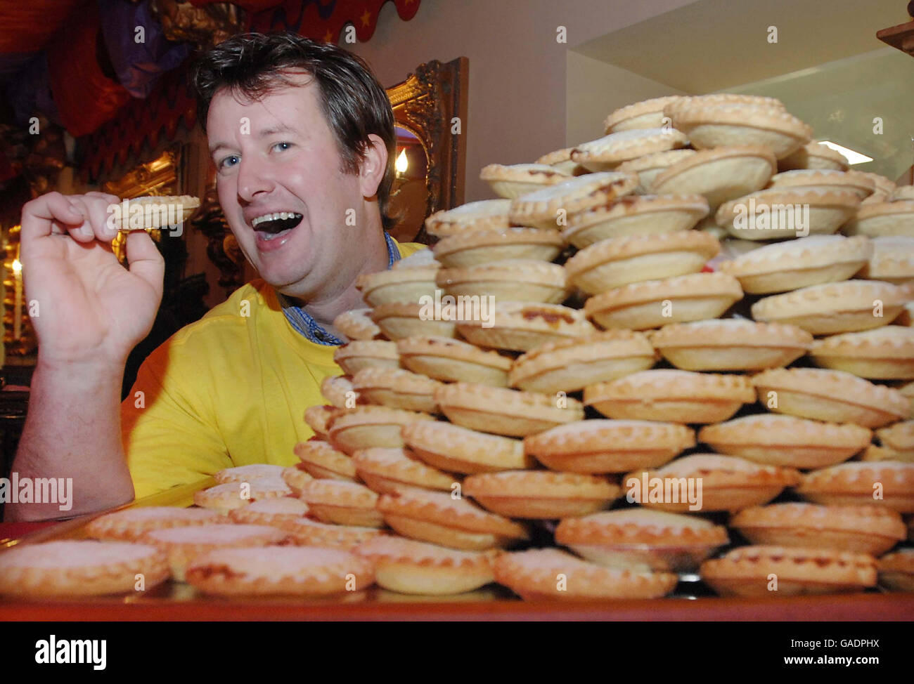 34-year-old Clive Pearson from Chilcompton near Radstock, after eating 26 mince pies and winning the Big Eat Contest at Wookey Hole Caves, Somerset. Stock Photo