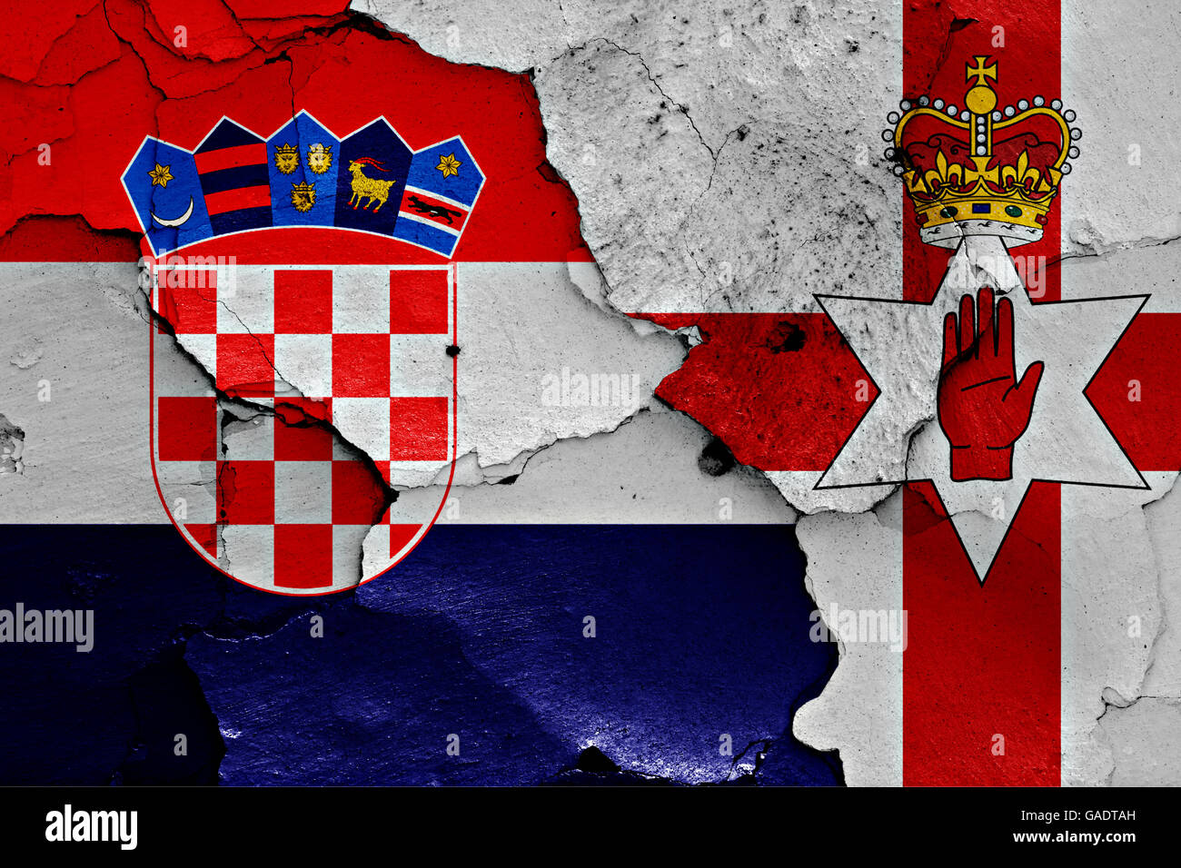 flags of Croatia and Northern Ireland painted on cracked wall Stock Photo