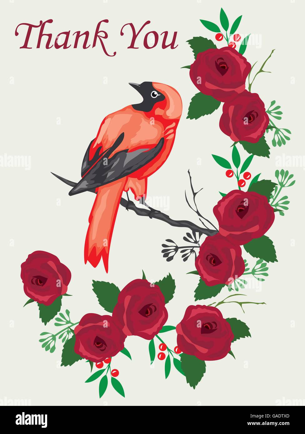 vector illustration of a thank you card with bird or roses Stock Vector ...