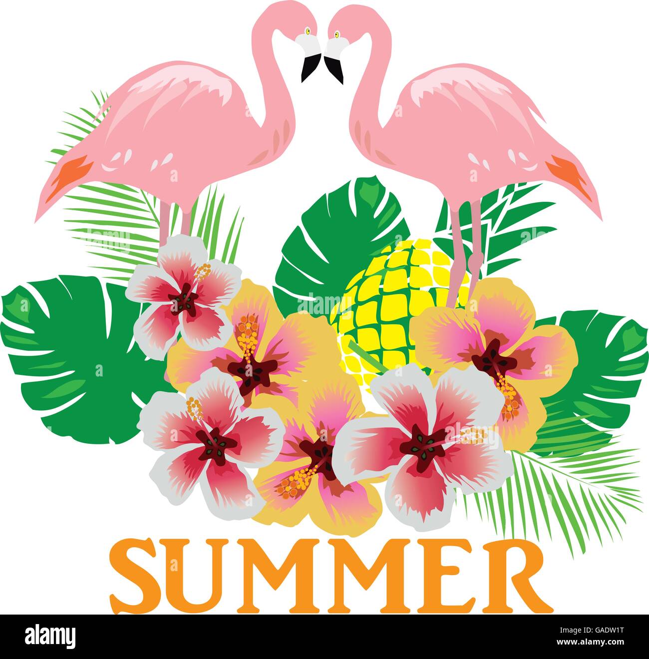 vector illustration of flamingos summer background with flowers Stock ...