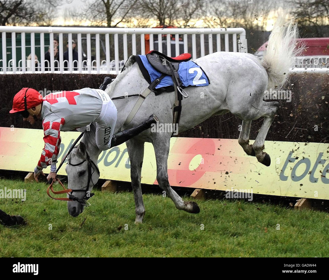 Horse Racing - Wetherby Racecourse. Sharkeys Dream and Keith Mercer fall in the Bramham Hall for Conferences and Banqueting Beginners Chase at Wetherby Racecourse. Stock Photo