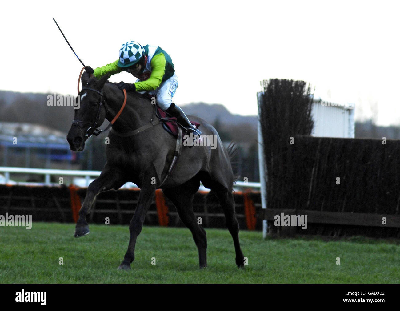 Denman and Sam Thomas clear the last jump on their way to victory in The Hennessy Cognac Gold Cup at Newbury Racecourse. Stock Photo