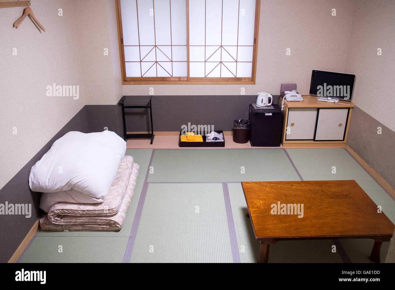 A room in a ryokan, a type of traditional Japanese inn. Stock Photo