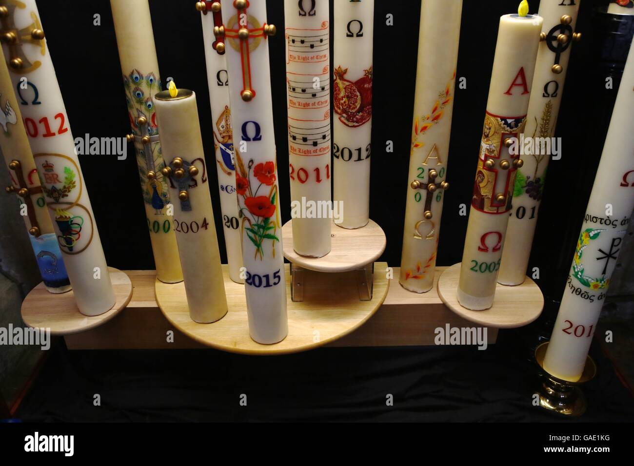 Easter candles from past years are on display.  Canterbury Cathedral, Canterbury, England. Stock Photo