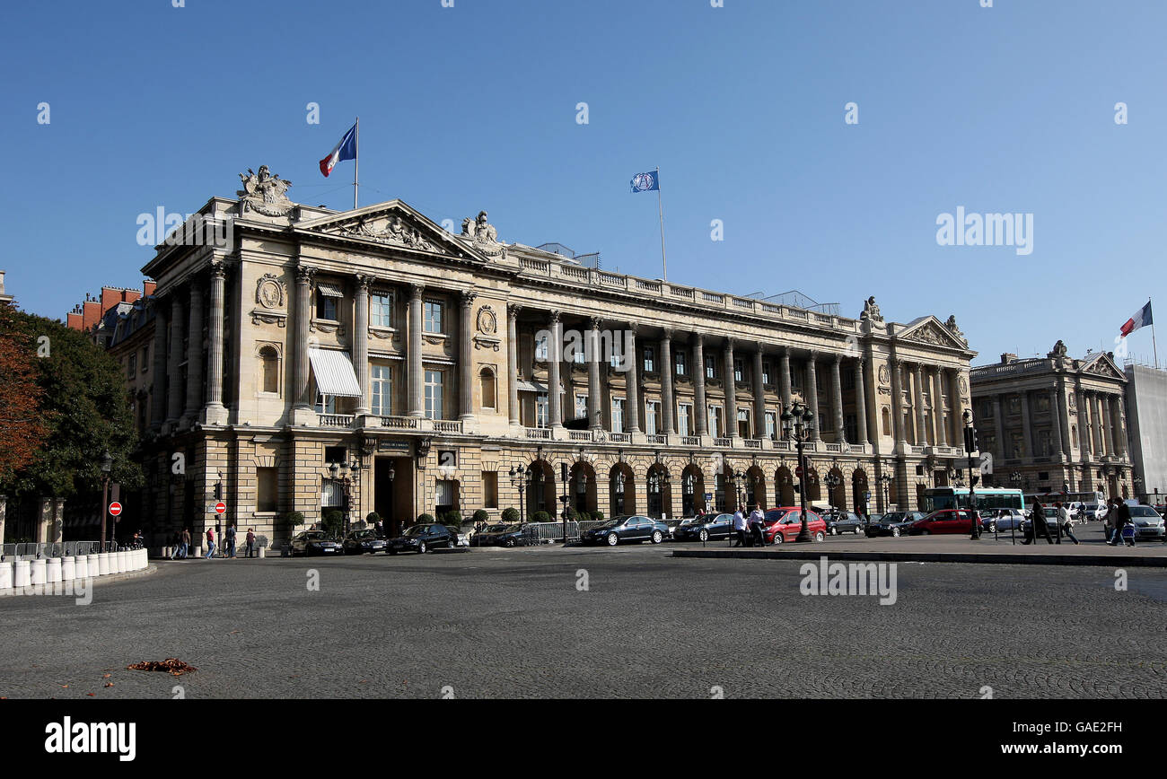 Hotel Crillon, Place de Le Concorde, Paris. Finished in 1763, the hotel was a favourite of Marie Antoinette and was later used a the German Army Headquarters during WW2. Stock Photo