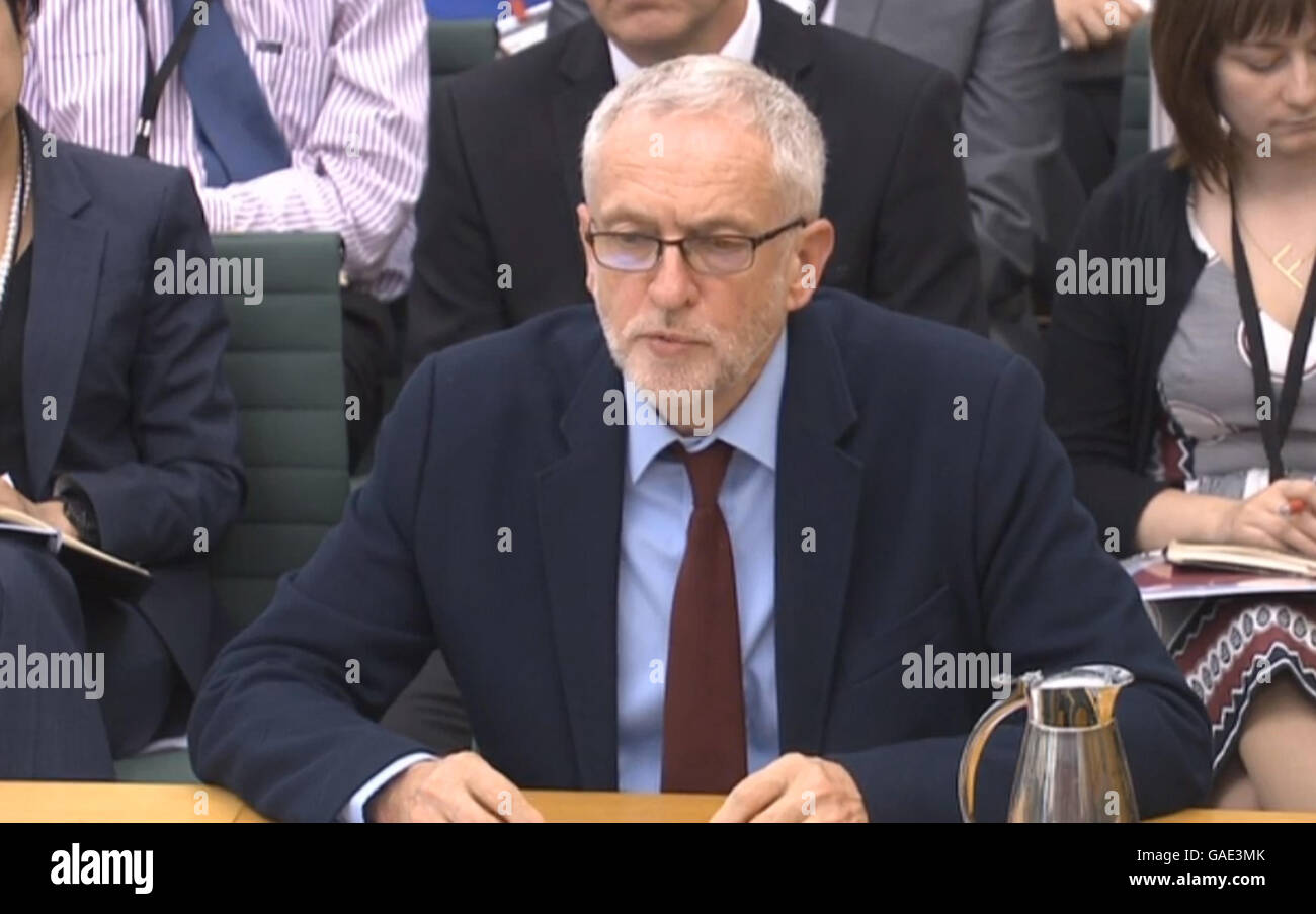 Leader of the Labour Party Jeremy Corbyn in front of the Home Affairs Select Committee at the House of Parliament in London answering questions on the rise of anti-Semitism. Stock Photo