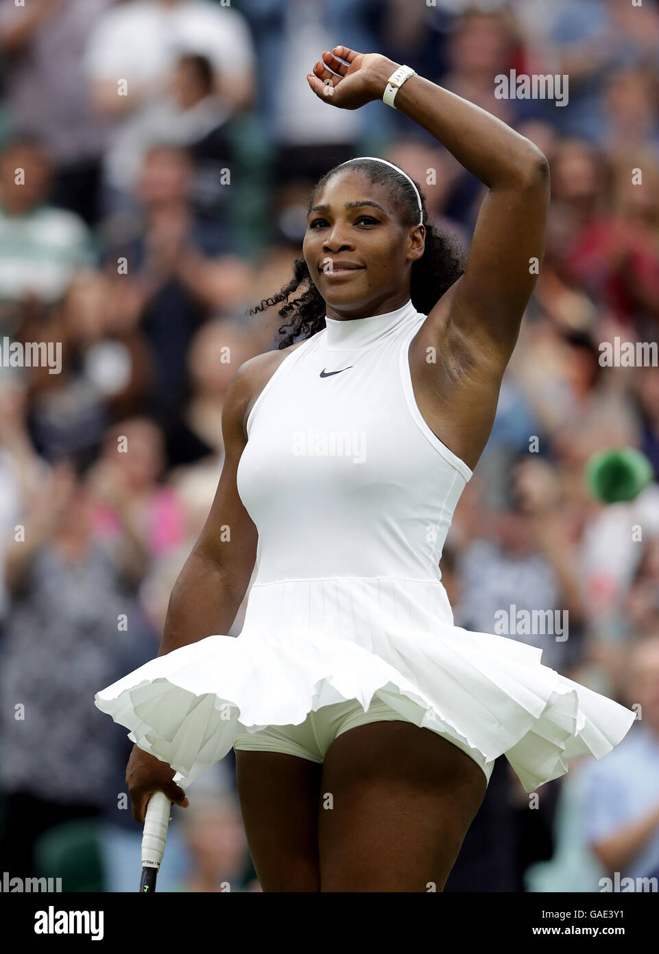 Serena Williams celebrates victory over Svetlana Kuznetsova on day seven of the Wimbledon Championships at the All England Lawn Tennis and Croquet Club, Wimbledon. Stock Photo