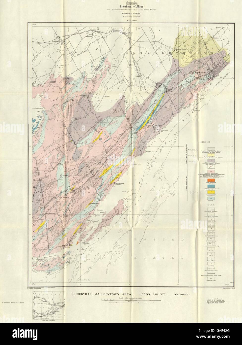 CANADA: Brockville-Mallorytown area, Leeds county, Ontario. Geology, 1923 map Stock Photo