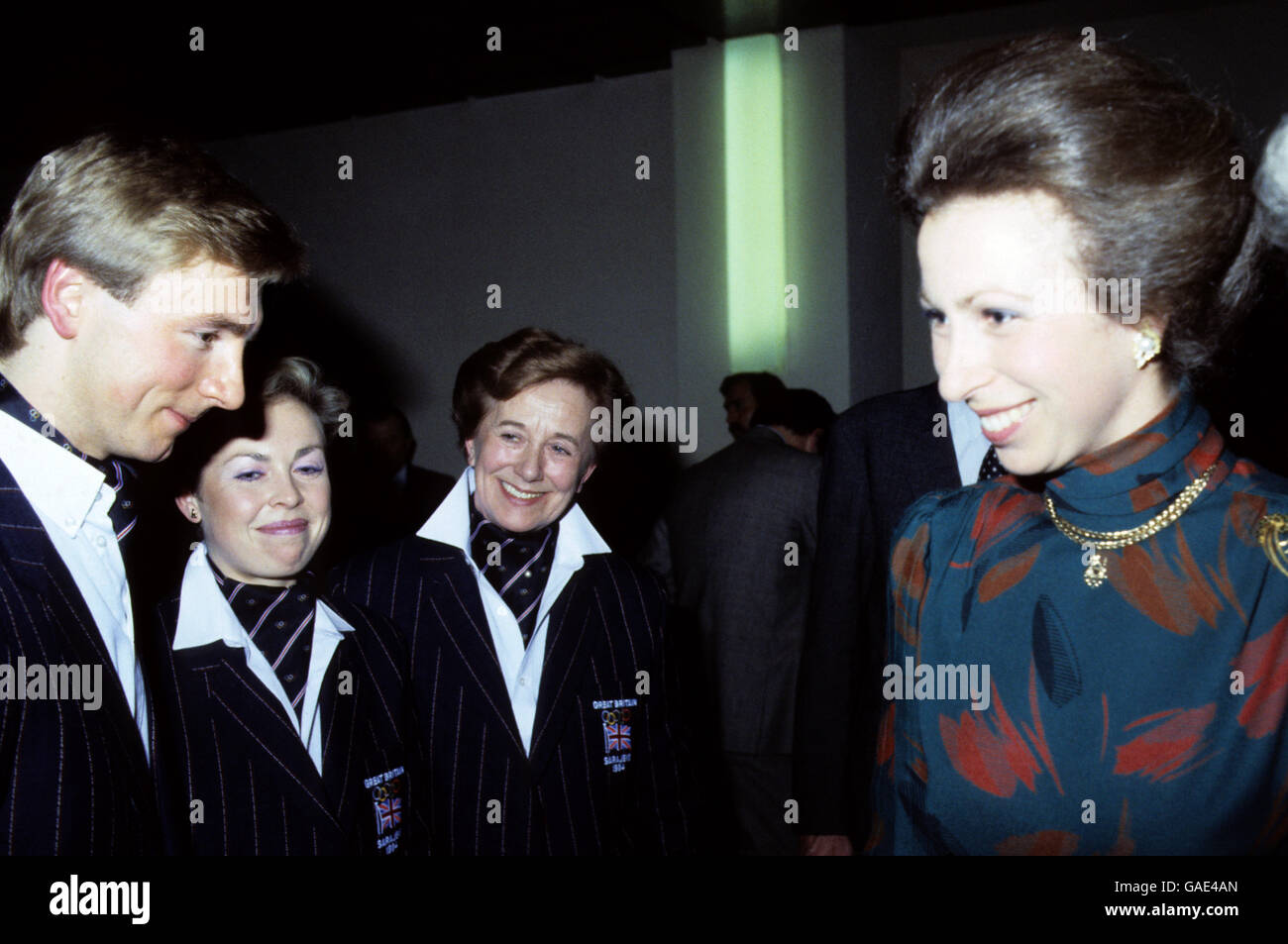 (L-R) Christopher Dean, Jayne Torvill and their coach Betty Callaway are introduced to Princess Anne. Stock Photo