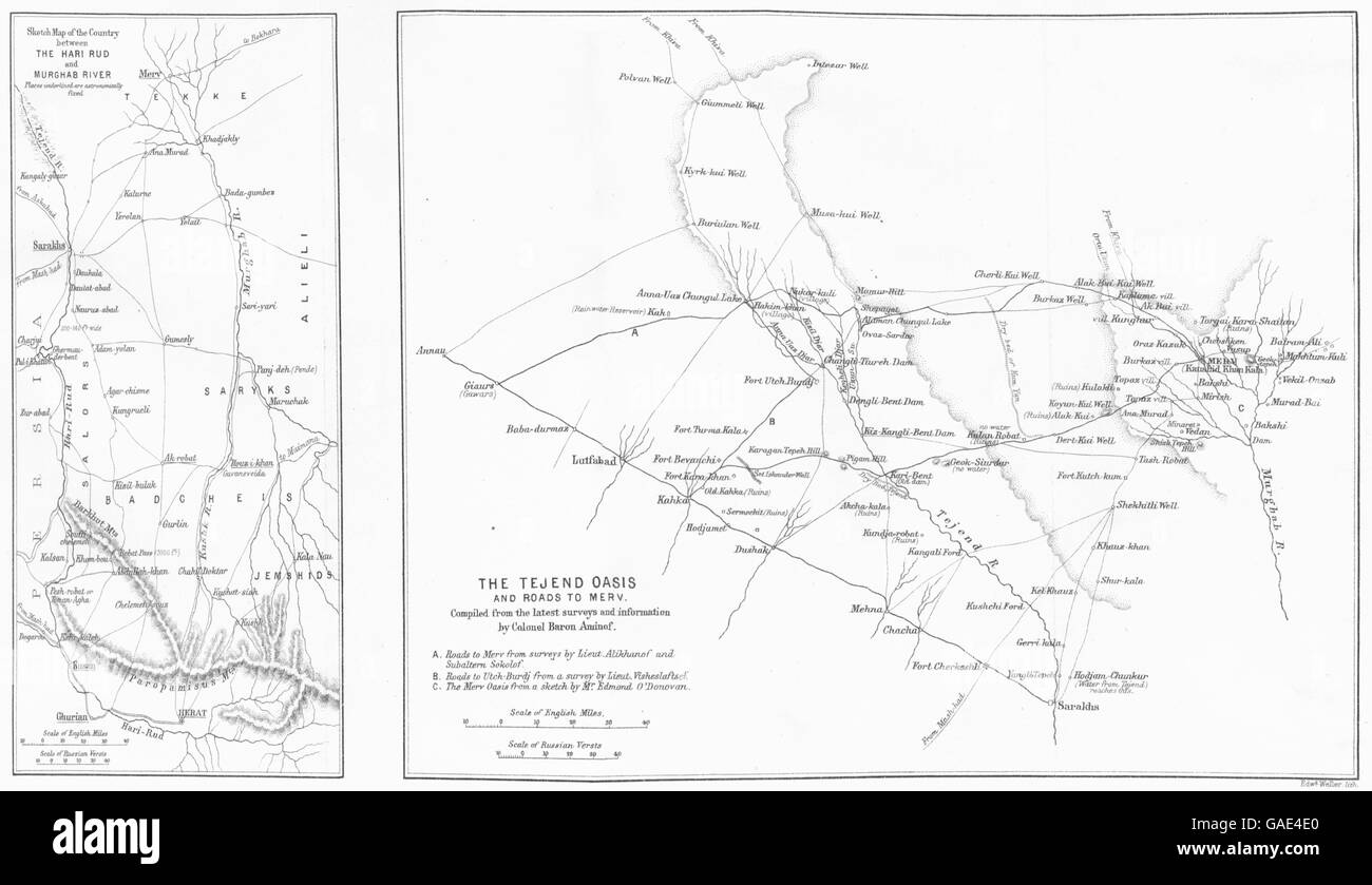 TURKMENISTAN: Tejen Oasis Merv; Hari Rud Murghab River. RGS map, 1883 Stock Photo