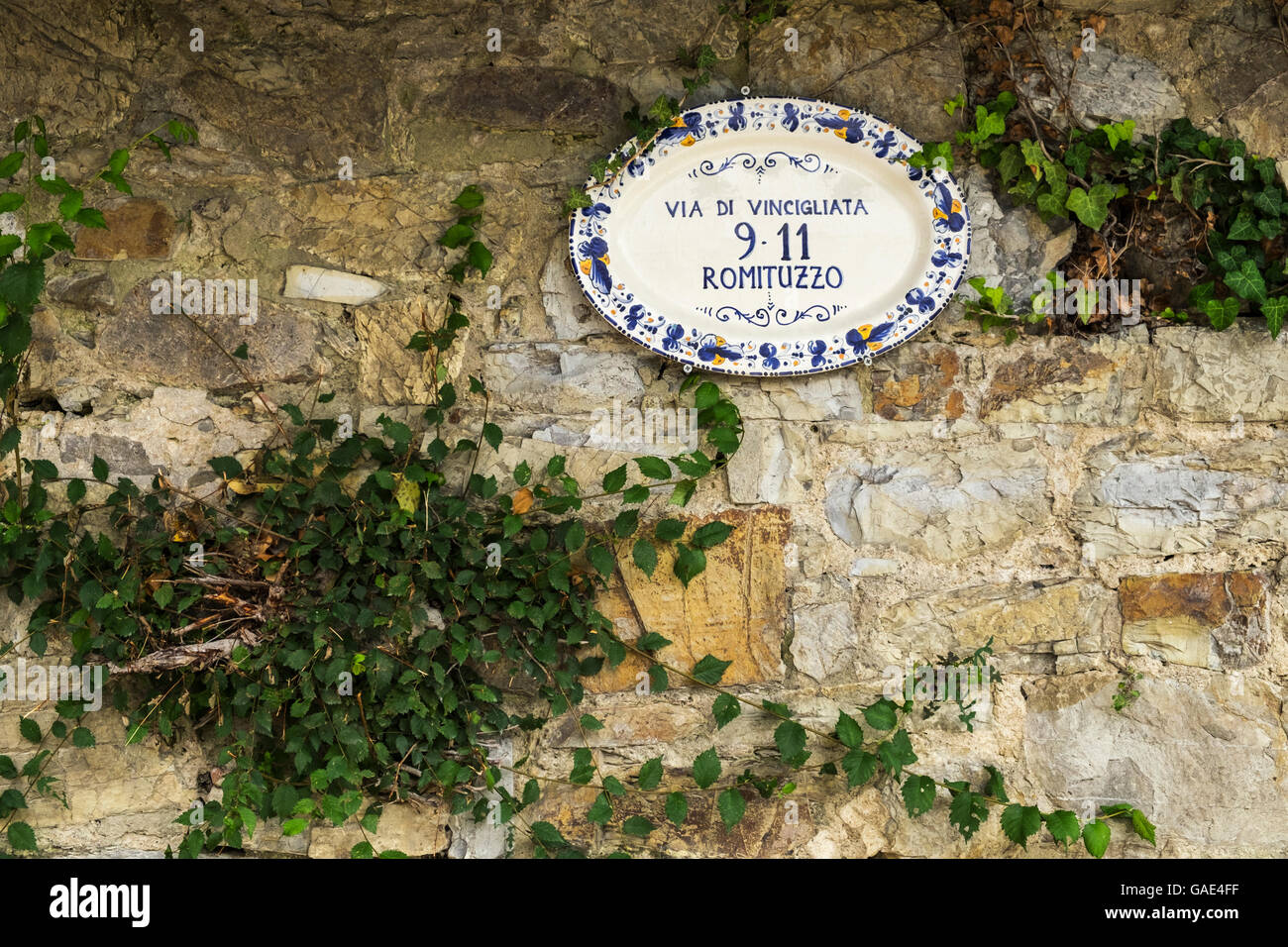 Ceramic plate with street name and house numbers, Via di Vincigliata, Fiesole, Tuscany, Italy Stock Photo